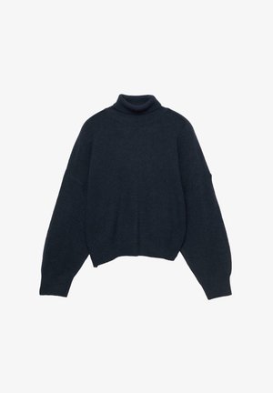 Pull à col roulé bleu marine foncé, coupe décontractée. Confectionné en tissu tricoté doux, avec épaules tombantes et ourlet court.