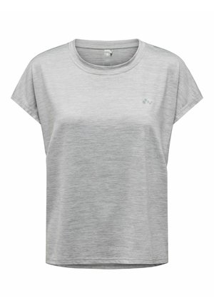 T-shirt gris clair à manches courtes avec un col rond, texture douce et logo de marque discret sur le côté gauche. Design simple, coupe décontractée.