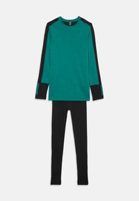 Teal long-sleeve top with black accents and striped detail on sleeves, paired with black leggings. Made of soft, stretchy fabric.