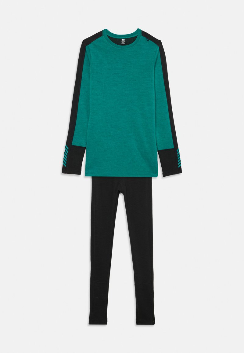 Teal long-sleeve top with black accents and striped detail on sleeves, paired with black leggings. Made of soft, stretchy fabric.