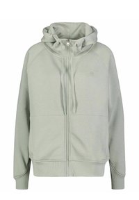 Light gray hoodie with a full zipper, adjustable drawstring hood, raglan sleeves, and ribbed cuffs and hem. Soft, smooth fabric texture.