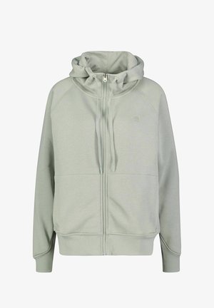 Sudadera con capucha de color gris claro, con cremallera completa, capucha ajustable con cordón, mangas ranglán y puños y dobladillo acanalados. Tejido suave y liso.