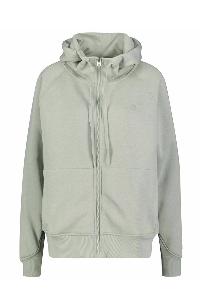 Light gray hoodie with a full zipper, adjustable drawstring hood, raglan sleeves, and ribbed cuffs and hem. Soft, smooth fabric texture.