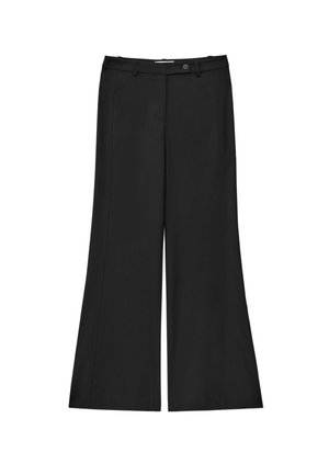 Schwarze weit geschnittene Hose aus glattem Stoff. Verfügt über einen Bund mit Gürtelschlaufen, eine vordere Bügelfalte und einen einzelnen Knopfverschluss.