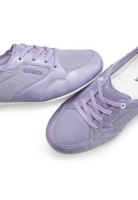 Light purple athletic shoes with mesh and synthetic materials, featuring a rounded toe, lace-up design, and branding on the side.