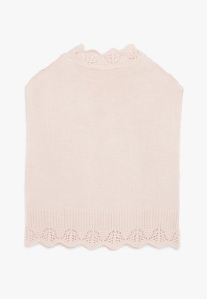 Dzianinowy krótki sweter w delikatnym różowym kolorze, z falbaniastym koronkowym wykończeniem przy dekolcie i dolnym brzegu, wykonany z teksturowanej, lekkiej tkaniny.