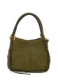 Borsa in pelle verde oliva con dettaglio cucito sul lato, texture liscia, manici curvi e accenti in metallo color oro.