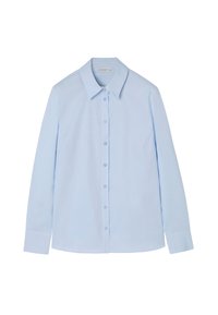 Camicia azzurra a maniche lunghe con colletto classico, chiusura frontale con bottoni e texture del tessuto liscia. Presenta polsini con bottone e orlo dritto.