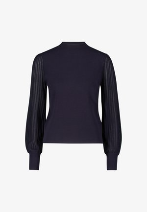 Marineblauwe trui met een getailleerd lichaam en doorschijnende, geribde lange mouwen. Voorzien van een hoge hals en geribde manchetten. Zachte textuur over het hele lijfje.