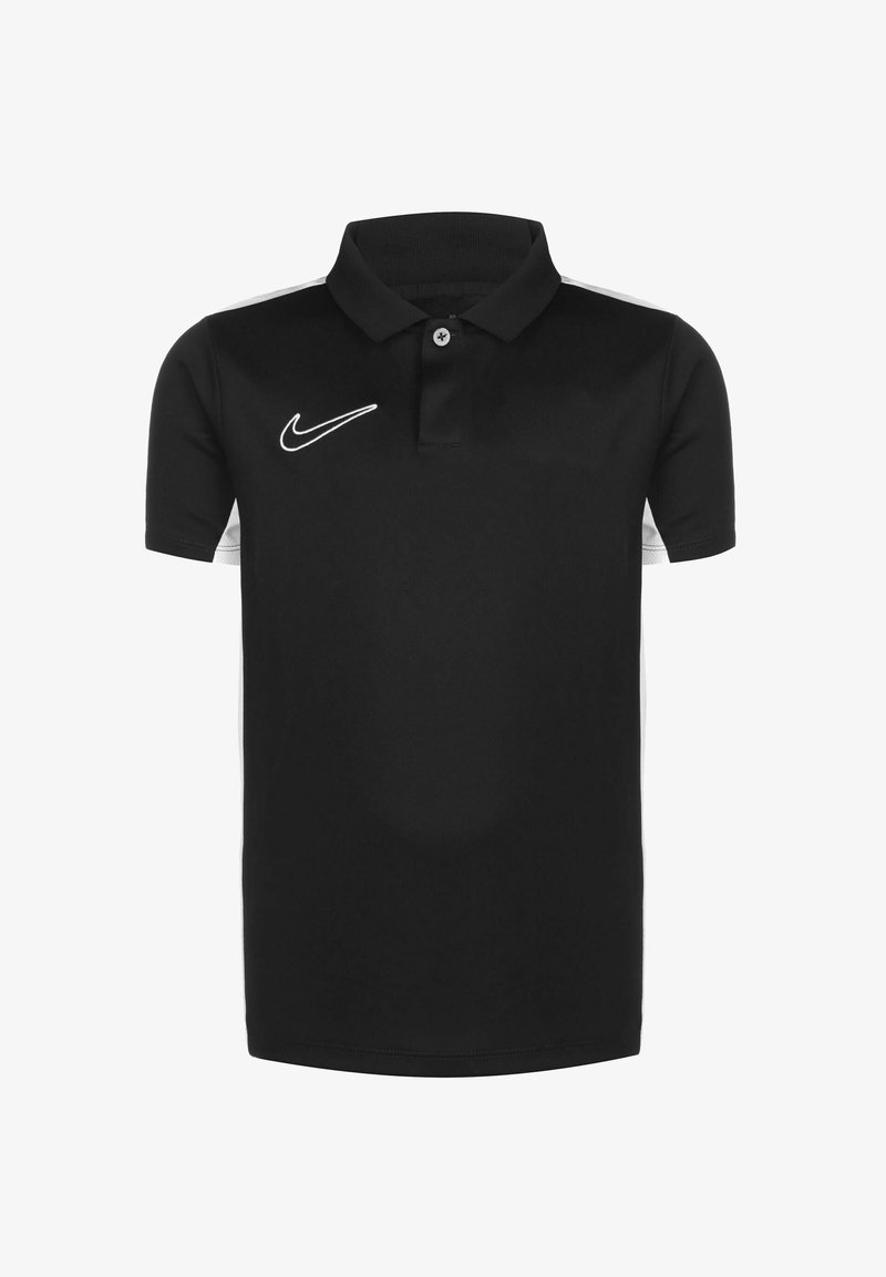 Schwarzes Poloshirt mit kurzen Ärmeln, weißen Akzenten an den Seiten und einem weißen Nike-Logo auf der Brust. Hergestellt aus einem glatten Stoff.