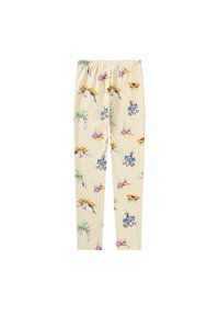 Bežid legginsid, millel on oravate ja kasside muster, kes kannavad värvilisi lillemütse, ning laiali puistatud lilleillustratsioonid.