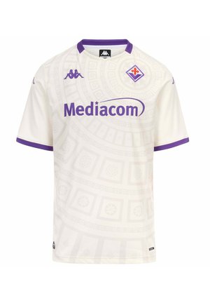 Maillot de football blanc et violet de la Fiorentina avec logo Mediacom, marquage Kappa et un subtil motif circulaire dans le tissu.
