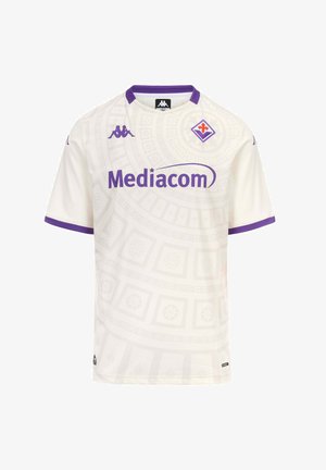 Maillot de football blanc et violet de la Fiorentina avec logo Mediacom, marquage Kappa et un subtil motif circulaire dans le tissu.