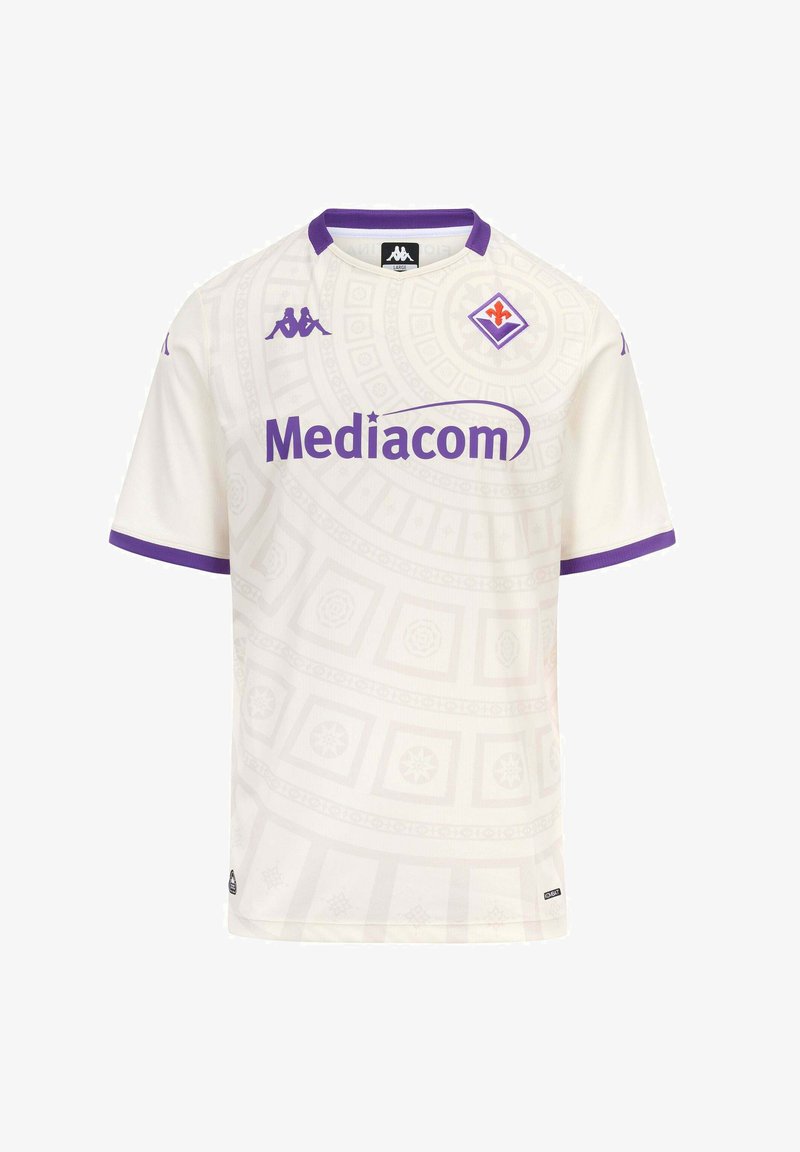 Maillot de football blanc et violet de la Fiorentina avec logo Mediacom, marquage Kappa et un subtil motif circulaire dans le tissu.