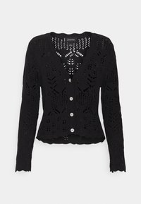 Svart stickad cardigan med ett delikat mönster av öppen väv, v-ringning, långa ärmar och vågig nederkant. Har fem silverfärgade knappar fram.