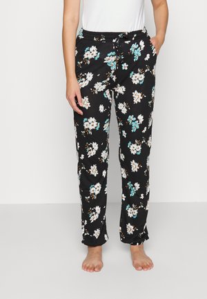 Svarta blommiga pyjamasbyxor med vita och turkosa blommor, elastisk midja, snörstängning och sidfickor. Mjukt, lätt tyg.