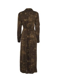 Abito lungo marrone con un design a motivi di cerchi. Presenta una vita con cintura e colletto con bottoni, realizzato in tessuto morbido.