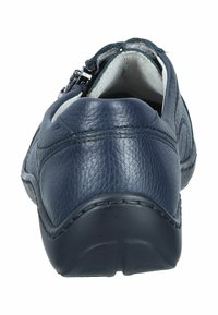 Navy blue leather shoe with a textured finish, low-top design, and side zipper closure. The sole is black with a slight heel.