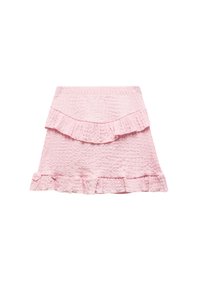 Lyserød, tekstureret nederdel med et lagdelt volangdesign. Har en elastisk talje og en frynset kant. Fremstillet af let, krøllet stof.