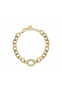 Bracciale in oro con link intrecciati, caratterizzato da un accento ovale centrale decorato con piccole pietre trasparenti. Chiusura con gancio inclusa.