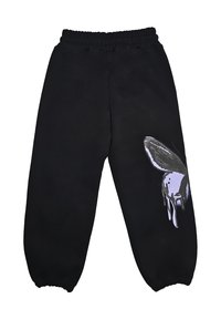 Pantaloni tuta neri con vita elasticizzata e polsini, caratterizzati da una grande grafica di una farfalla gocciolante in viola e grigio sulla gamba destra.