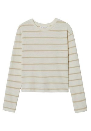 Kremowa koszula z długim rękawem w beżowe poziome paski z okrągłym dekoltem, rozłożona na płasko na białym tle.