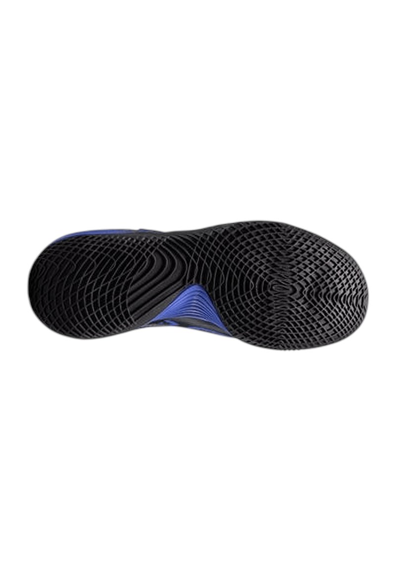 Zool van zwart rubber met een gestructureerd grip-patroon, met een gebogen vorm en een blauw accent aan de zijkant voor extra designdetail.