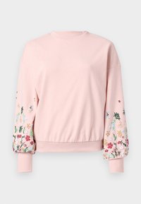 Felpa rosa chiaro con collo a girocollo a coste, orlo elasticizzato e maniche a sbuffo, caratterizzata da un ricamo floreale colorato sui lati.
