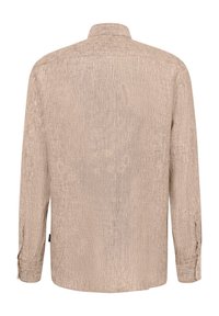 Langarmhemd in hellem Beige, strukturiertem Stoff mit Button-Down-Kragen, Ein-Knopf-Manschetten und abgerundetem Saum.