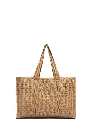 Borsa rettangolare intrecciata in paglia con due manici, caratterizzata da un motivo intrecciato strutturato di colore beige naturale.