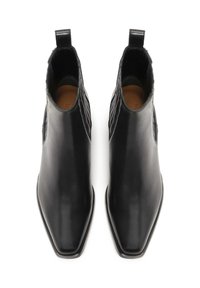 Black leather ankle boots with a pointed toe, smooth texture, decorative seams on the sides, and pull tabs for easy wear.