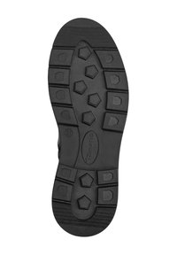 Semelle de chaussure en caoutchouc noir avec des motifs profonds en pentagone et en rectangle, une taille 37, et le nom de la marque "Tamaris" au centre.