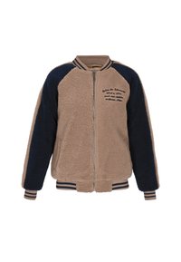 Brun og marineblå bomberjakke lavet af blødt, tekstureret stof. Har lynlåslukning, ribbede manchetter og broderede detaljer på fronten.