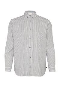 Chemise à rayures gris et blanc en tissu, dotée de manches longues, d'un col et de boutons sombres contrastants.
