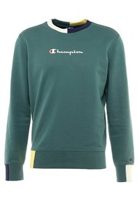 Felpa verde in misto cotone, con un colletto scuro e dettagli a contrasto gialli e blu navale sui polsini e sull'orlo. Logo al centro.