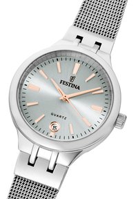 Reloj de cuarzo Festina plateado con un dial verde claro, marcadores de hora en oro rosa, correa de malla y pantalla de fecha a las 6 en punto. Caja redonda de acero inoxidable.