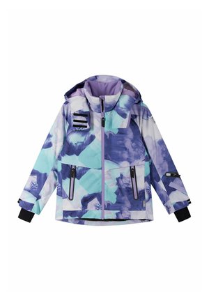 Veste multicolore présentant un mélange de motifs abstraits bleus, violets et vert menthe. Comprend une capuche, des poches zippées et des accents noirs.