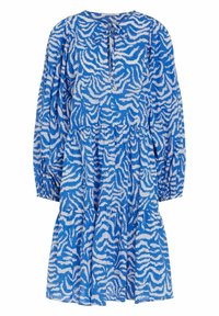 Robe bleu et blanc à manches longues avec un motif abstrait rappelant un zèbre, col rond, détail noué, taille froncée et jupe à volants.