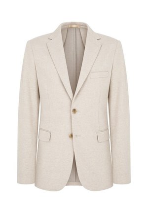 Beżowa marynarka wykonana z teksturowanej tkaniny, posiadająca klapy, dwie przednie kieszenie, jedną kieszeń na piersi oraz zapięcie na dwa guziki.