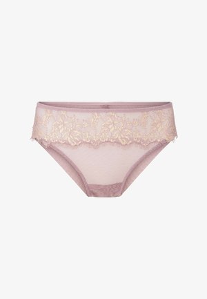 Roze netpanty met een decoratieve kanten tailleband met bloemenpatroon. De randen zijn zachtjes rafelig. Lichtgewicht en semi-transparante stof.