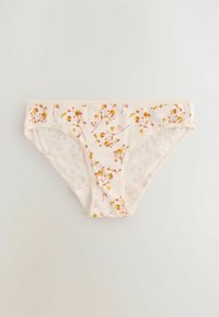 Bomullstrosor i krämfärg med ett blommönster i gult och orange. Har en mjuk elastisk midja och delikat spetsdetalj.