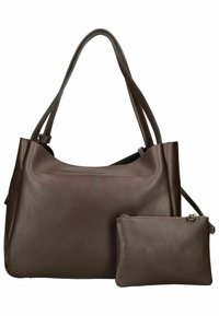 Borsa a mano in pelle marrone con superficie strutturata, design minimale e doppi manici. Include un piccolo astuccio con zip coordinato.