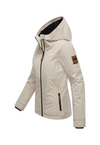 Light beige hooded jacket with a black lining, front zipper, and two side pockets. Features a brown patch logo on the left sleeve.