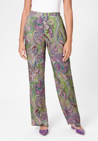 Kleurige gestipte broeken met paisley-ontwerpen in tinten groen, paars en roze. Gemaakt van lichtgewicht stof met een comfortabele pasvorm.