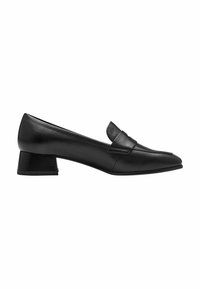 Sorte læder loafers med blokhæle, spids tå og syet detaljering på overdelen, med en lille dekorativ flap.