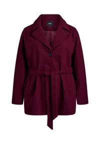 Maroon belted wool coat with a notched collar, single button closure, side pockets, and a loose fit. Soft texture and warm design.