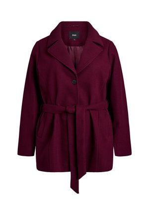Manteau en laine bordeaux ceinturé avec un col noté, fermeture à un bouton, poches latérales et une coupe ample. Texture douce et design chaud.