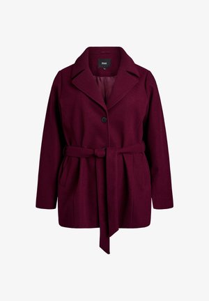 Bordo vuneni kaput s remenom, s oštrim reverima, jednim dugmetom, bočnim džepovima i ležernim krojem. Mekana tekstura i topli dizajn.