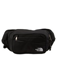 Sac banane noir avec deux compartiments zippés et le logo "The North Face" sur le devant, en tissu avec sangle ajustable.