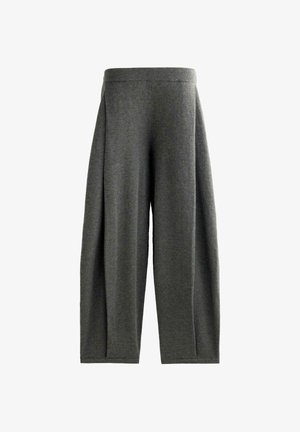 Szare, miękkie spodnie szerokie w nogawkach z wysokim, elastycznym pasem i luźnym krojem; zaprojektowane dla komfortu i swobody ruchów.